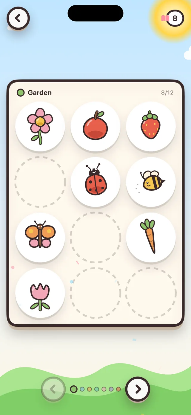 The sticker book: a page of garden stickers, some slots still empty