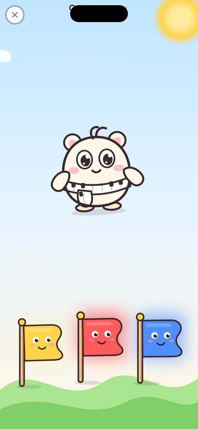 Tonmi game screen: the mascot listens while three colored flags wait below