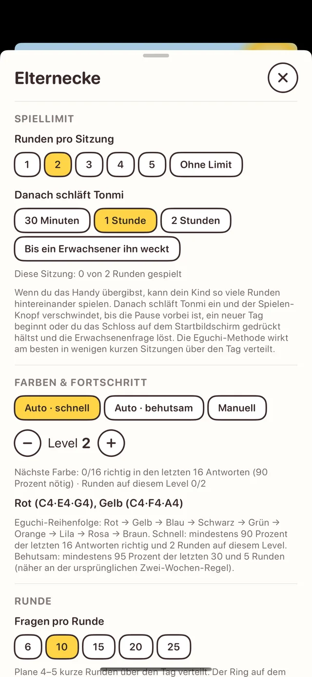 Elternbereich: Spiellimits, Farben und Fortschritt, Fragen pro Einheit