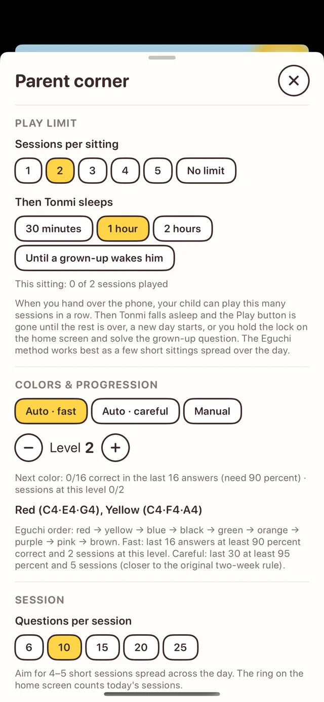 Parent corner: play limits, colors and progression, questions per session