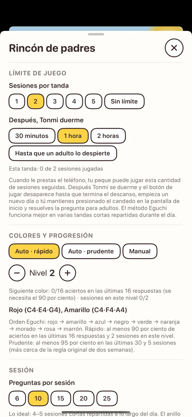 Rincón de padres: límites de juego, colores y progresión, preguntas por sesión