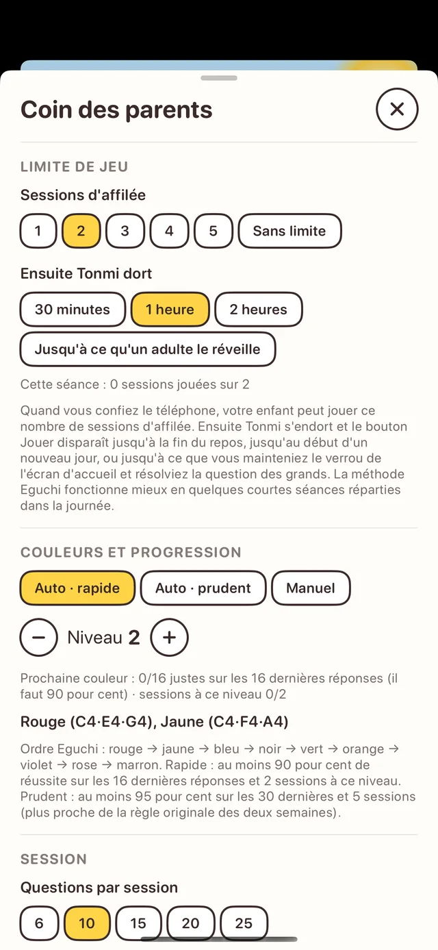 Coin parents : limites de jeu, couleurs et progression, questions par séance