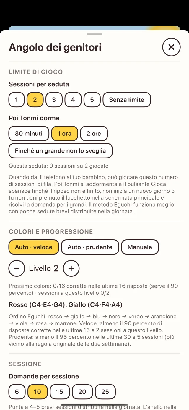Angolo genitori: limiti di gioco, colori e progressione, domande per sessione