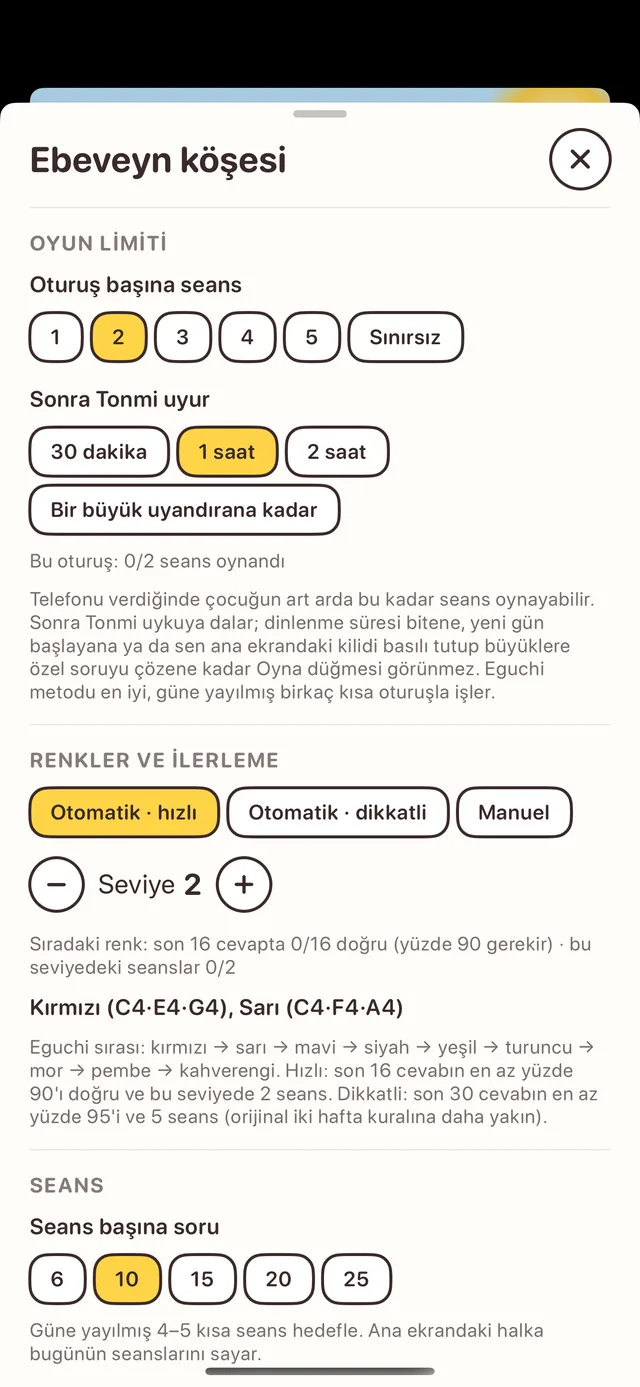 Ebeveyn köşesi: oyun limitleri, renkler ve ilerleme, seans başına soru sayısı
