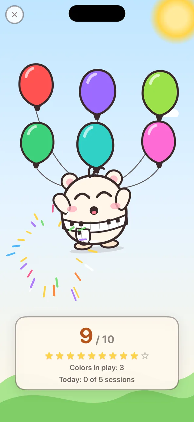 The party at the end of a session: balloons, confetti, and a cheering Tonmi